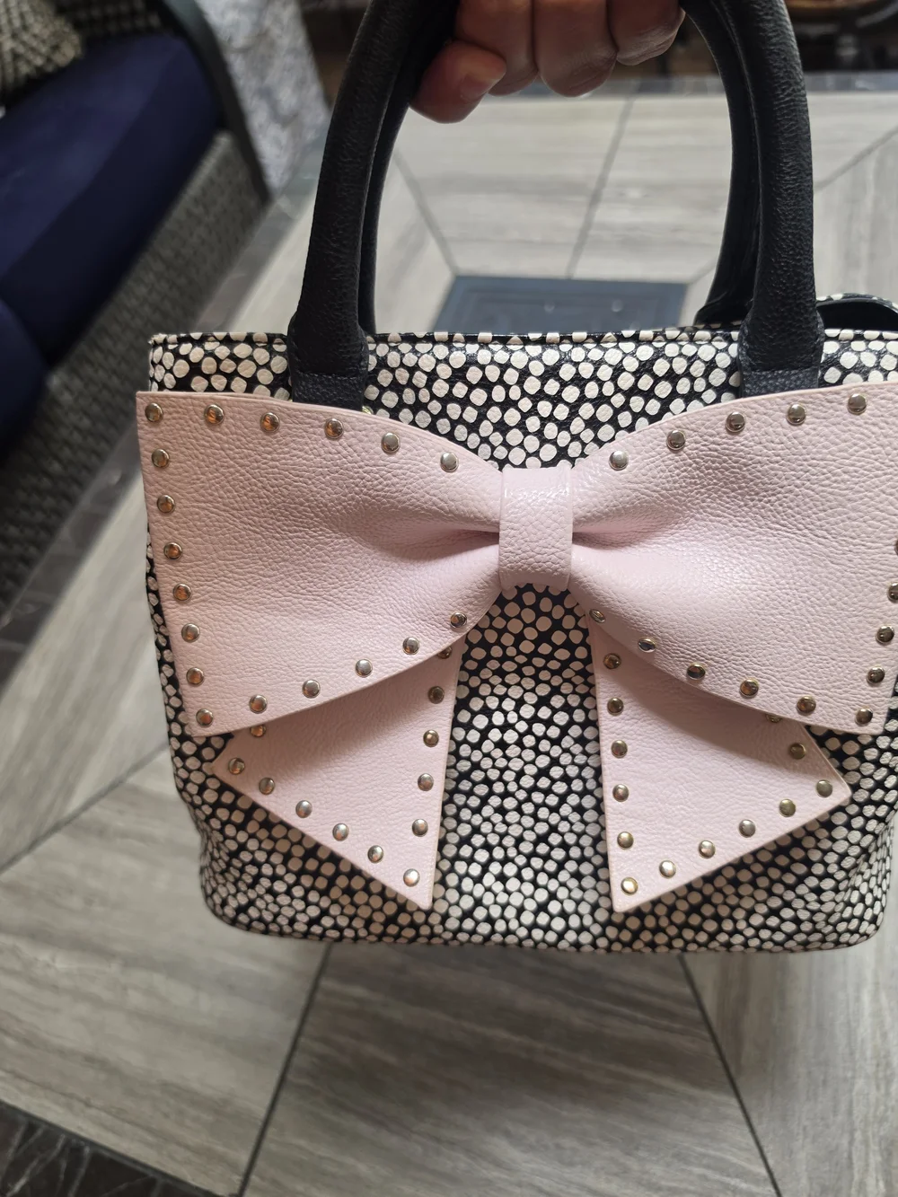Betsey Johnson Black & White Dot Satchel with Pink Bow